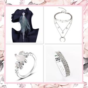 🌸 4PC SET EARRINGS NECKLACE BRACELET RING BOHO DIMOND BUNDLE RHINESTONE BLING